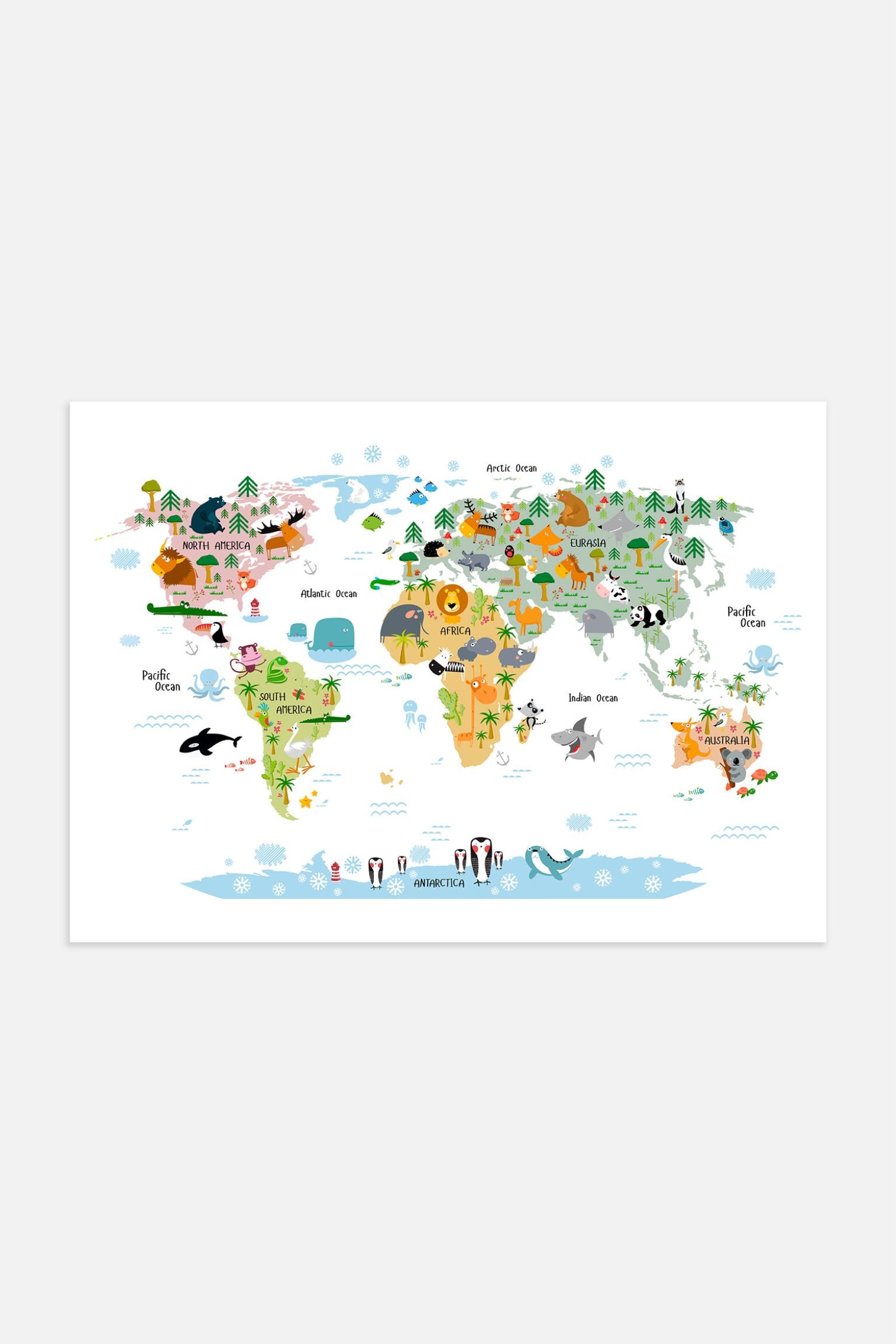 Postery Плакат з картою світу тварин - білий/синій/зелений 1116529001 | 1116529001