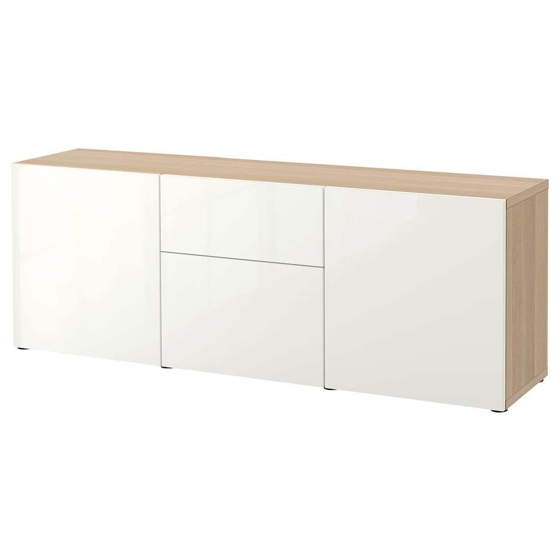IKEA BESTÅ БЕСТО Комбінація для зберігання з ящиками, під білений дуб / Selsviken глянцевий / білий, 180x42x65 см 29325188 | 293.251.88
