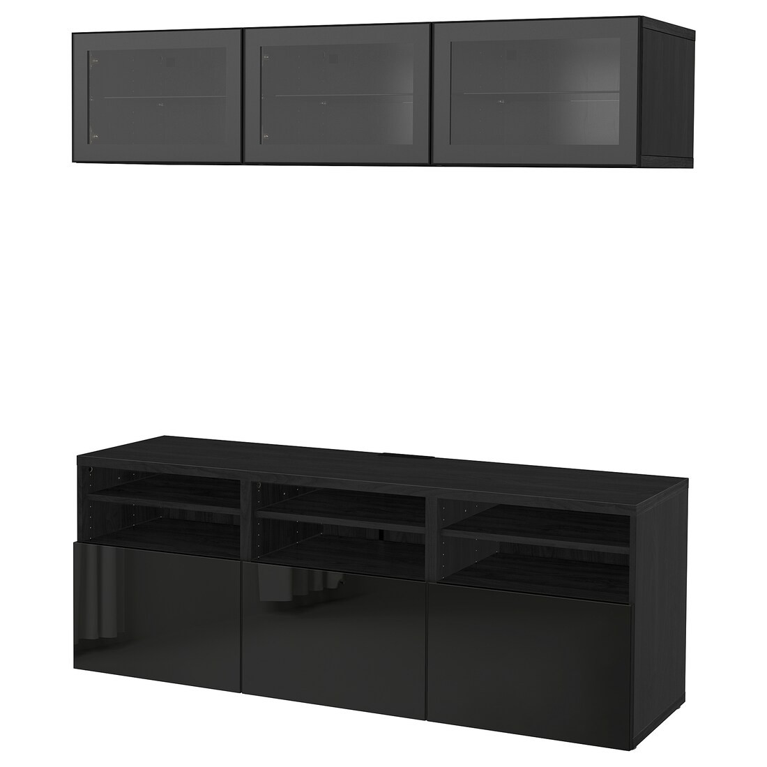 IKEA BESTÅ БЕСТО Комбінація для ТВ / скляні двері, чорно-коричневий / Selsviken глянцевий / чорне прозоре скло, 180x42x192 см 99407208 994.072.08