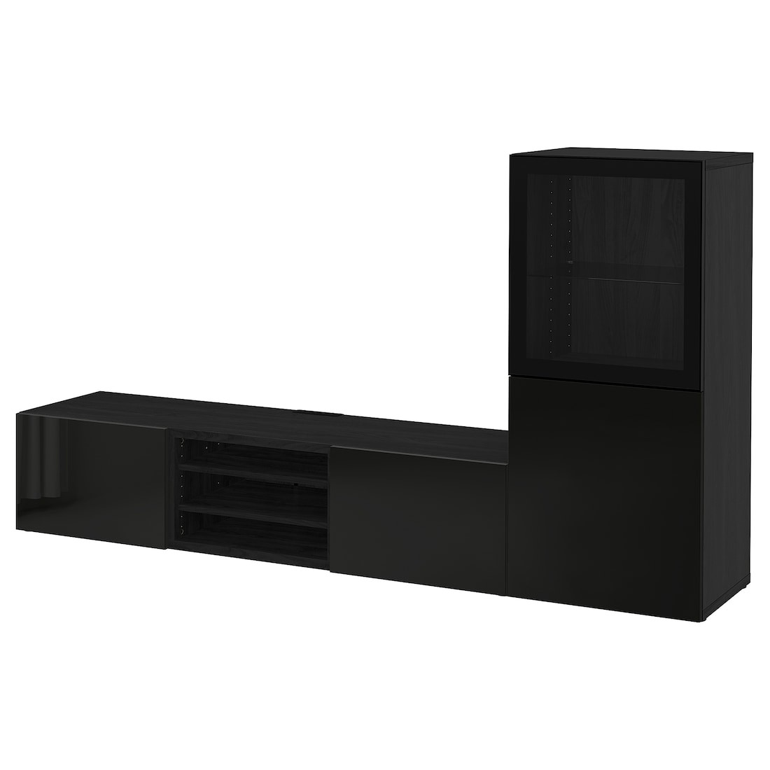 IKEA BESTÅ БЕСТО Комбінація для ТВ / скляні двері, чорно-коричневий / Selsviken глянцевий / чорне прозоре скло, 240x42x129 см 19406302 194.063.02