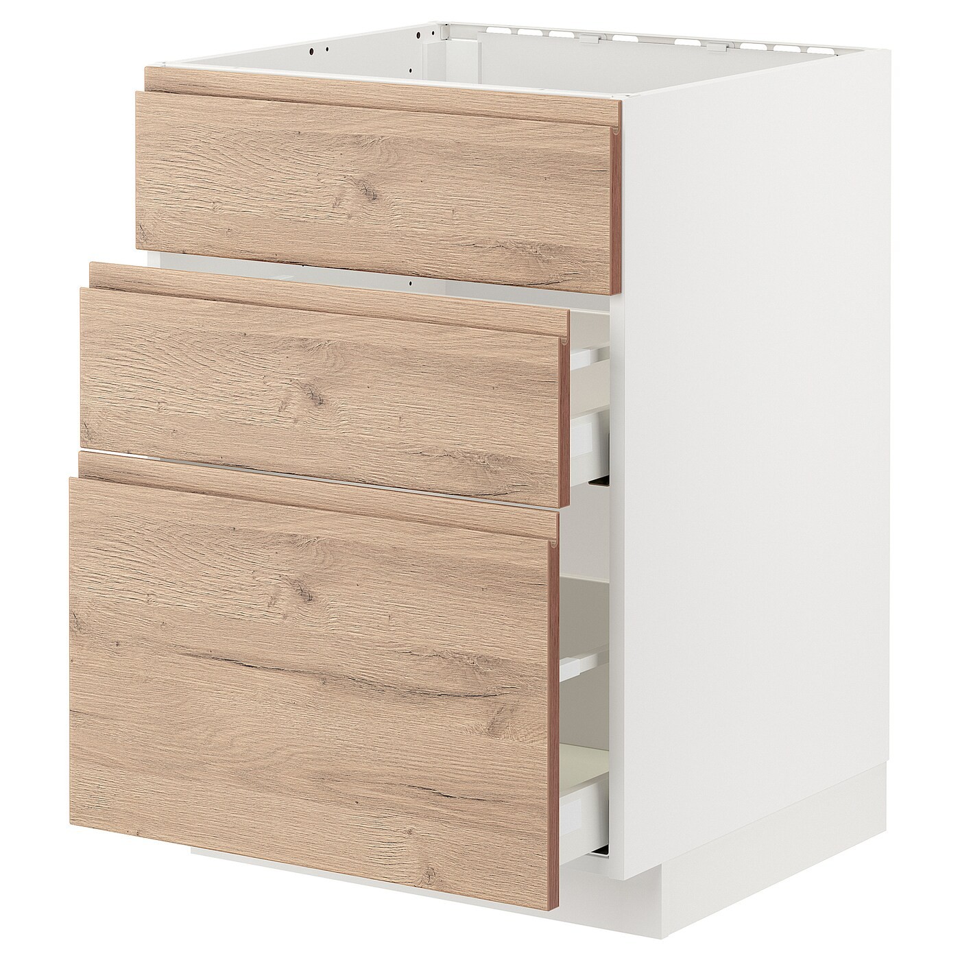 IKEA METOD МЕТОД / MAXIMERA МАКСІМЕРА Підлогова шафа для варочні панелі / витяжка з шухлядою, білий / Voxtorp імітація дуб, 60x60 см 09477564 094.775.64