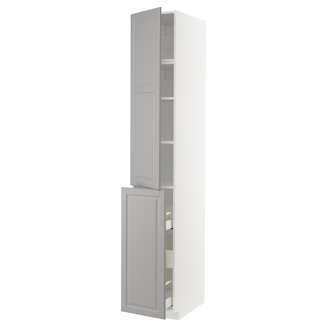 IKEA METOD МЕТОД / MAXIMERA МАКСІМЕРА Висока шафа 3 шухляди / 1 двері / 2 полиці, білий / Bodbyn сірий, 40x60x240 см 29461736 294.617.36