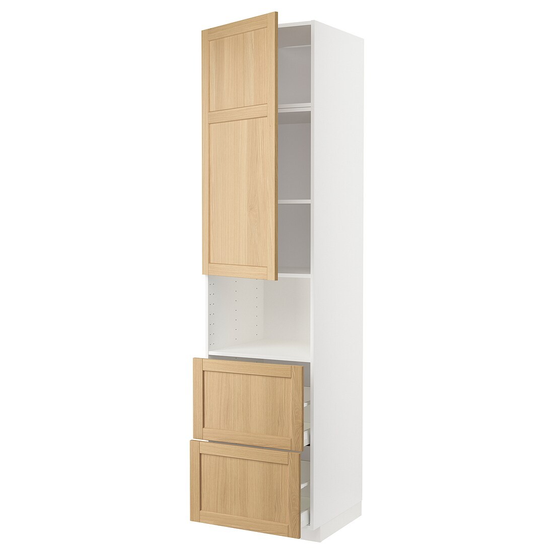 IKEA METOD / MAXIMERA Висока шафа для мікрохвильової печі з дверима / 2 шухляди, білий / дуб Forsbacka, 60x60x240 см 69509557 695.095.57