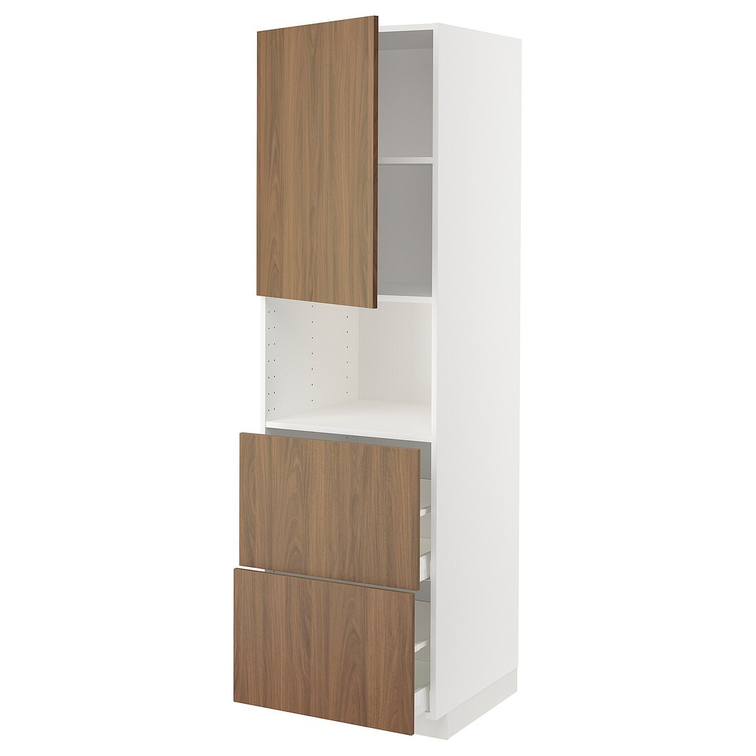 IKEA METOD / MAXIMERA Висока шафа для мікрохвильової печі з дверима / 2 шухляди, білий / Імітація коричневого горіха, 60x60x200 см 49519755 495.197.55