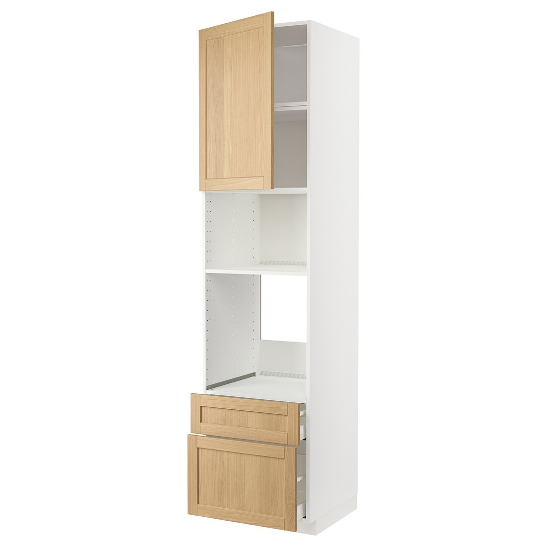IKEA METOD / MAXIMERA Висока шафа для духовки / мікрохвильовки з дверима / 2 шухлядами, білий / дуб Forsbacka, 60x60x240 см 09509536 095.095.36
