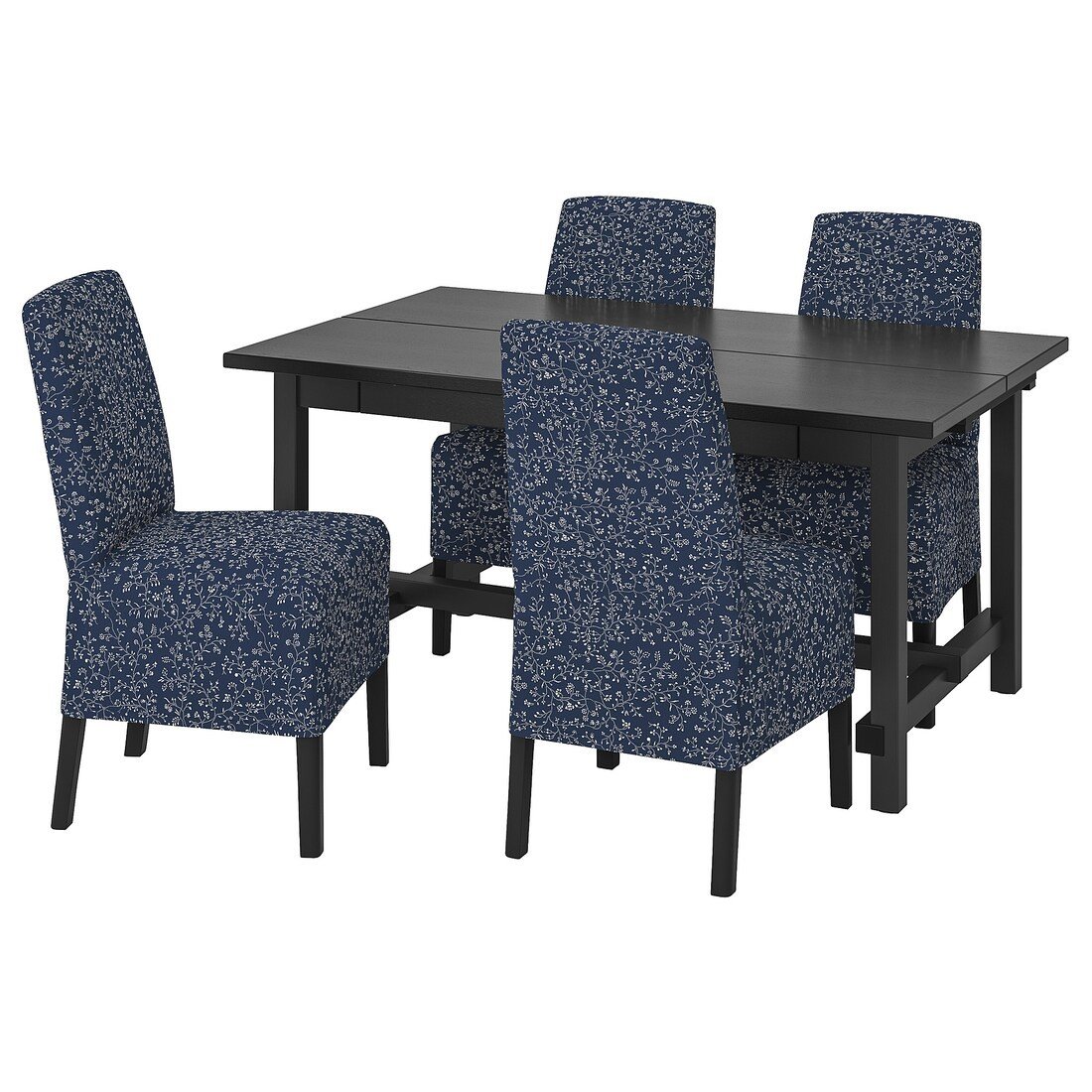 IKEA NORDVIKEN / BERGMUND Стіл та 4 стільці, чорний / Ryrane темно-синій, 152/223 см 39408282 | 394.082.82