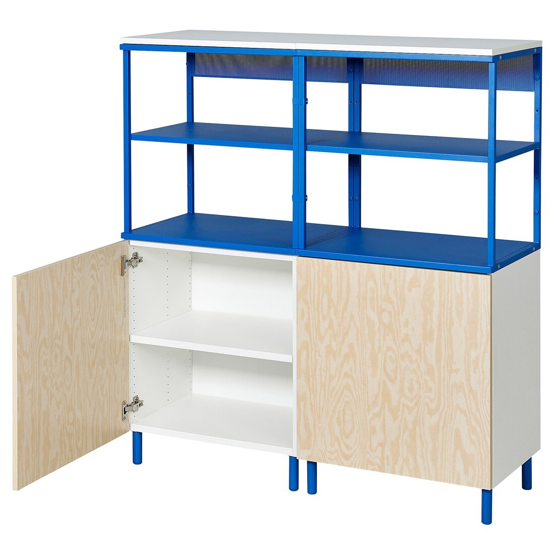 IKEA PLATSA ПЛАТСА Комбінація відкритих стелажів з 2 дверцятами, білий Kalbåden / синій, 120x42x133 см 59522922 | 595.229.22