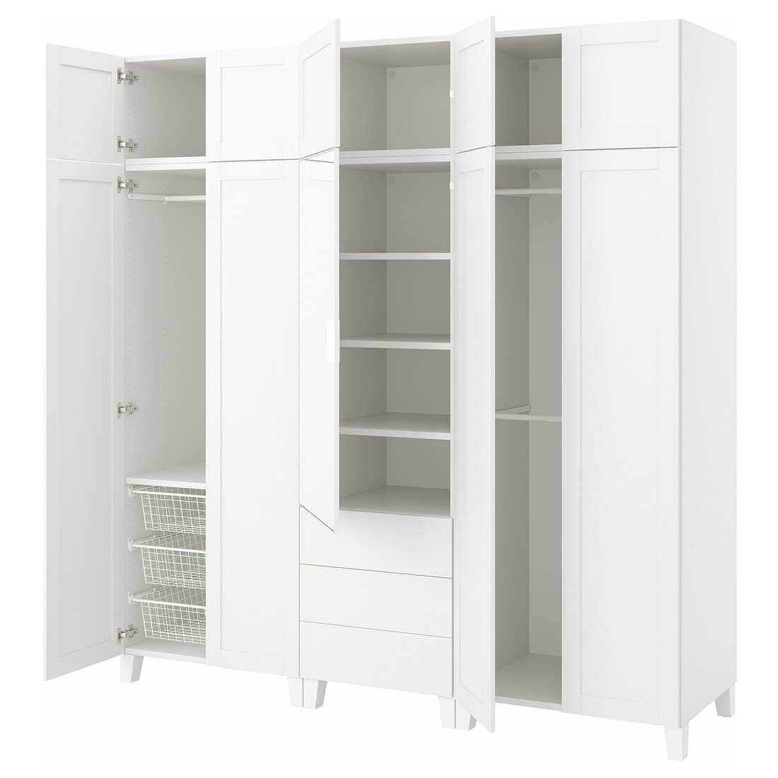 IKEA PLATSA ПЛАТСА Гардероб з 10 дверима + 3 шухлядами, біле дзеркальне скло STRAUMEN / SANNIDAL білий, 220х57х231 см 79424954 794.249.54