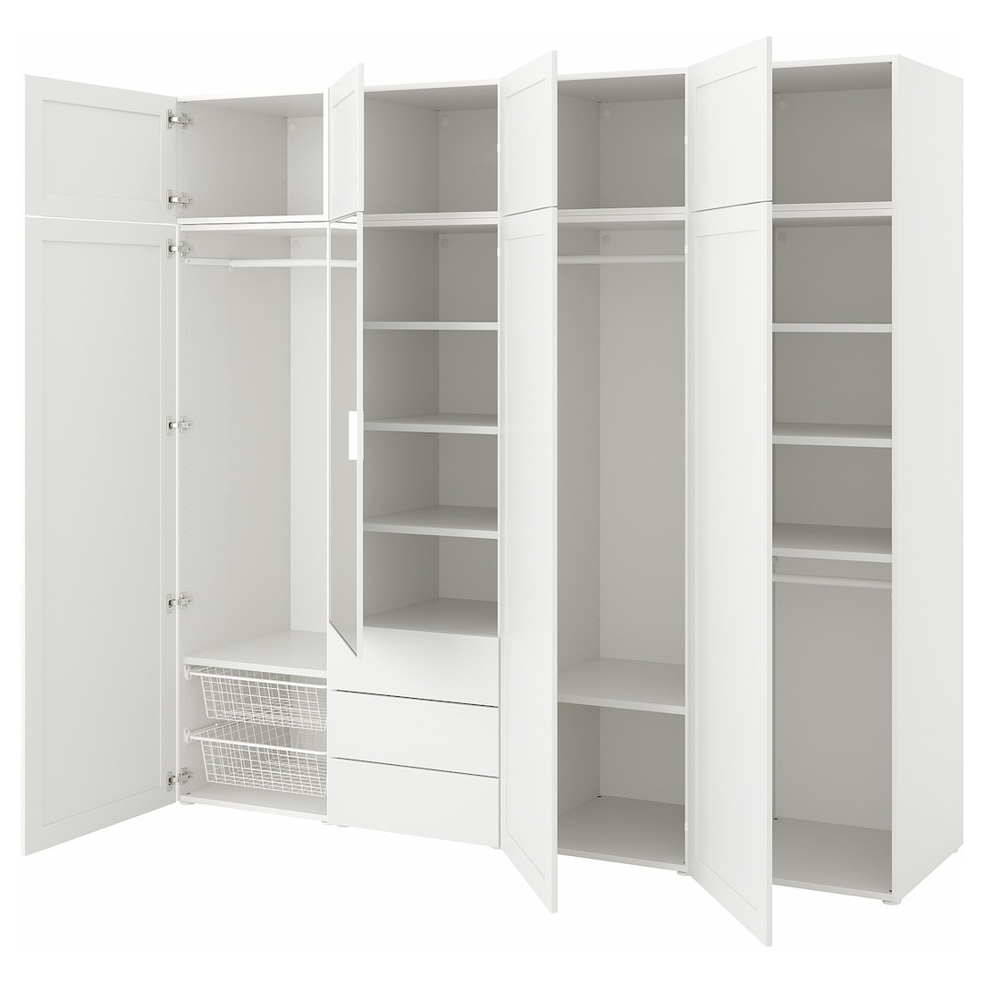 IKEA PLATSA ПЛАТСА Гардероб з 8 дверима / 3 шухлядами, біле дзеркальне скло STRAUMEN / SANNIDAL білий, 240x57x221 cм 39424871 394.248.71