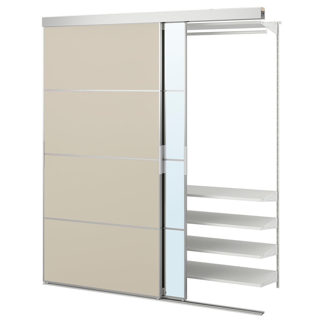 IKEA SKYTTA / BOAXEL гардероб із розсувними дверцятами, алюмінієве дзеркало Mehamn / Auli / сіро-бежеве, 177x65x205 см 09562171 095.621.71
