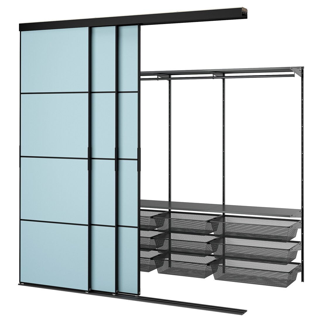 IKEA SKYTTA / BOAXEL гардероб із розсувними дверцятами, чорний метал / Mehamn світло-синій, 251x115x240 см 29564503 | 295.645.03