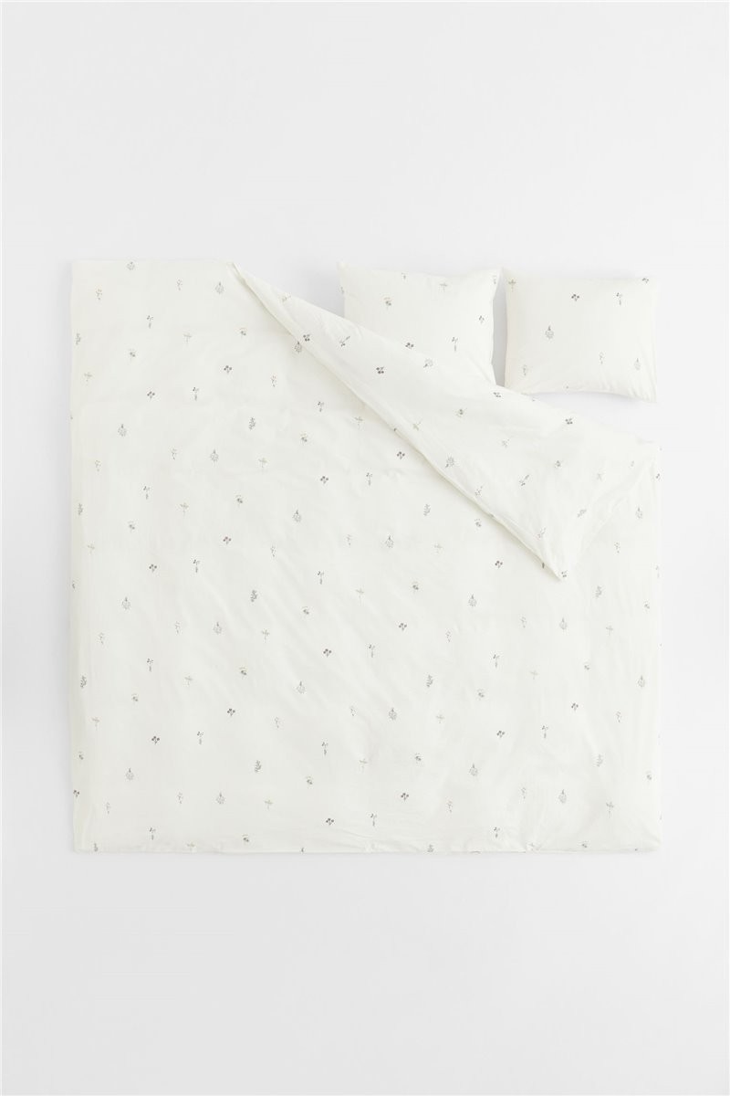 Двоспальна постільна білизна з бавовни, Білі квіти, 200x200 + 50x60