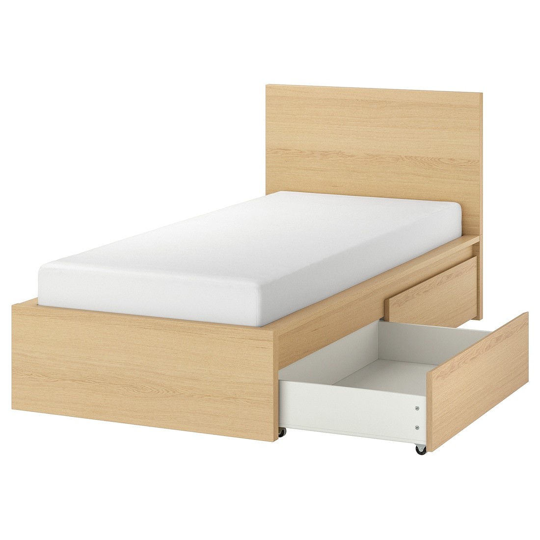 MALM МАЛЬМ Ліжко з 2 шухлядами, шпон дуба білений / Lindbåden, 90x200 см