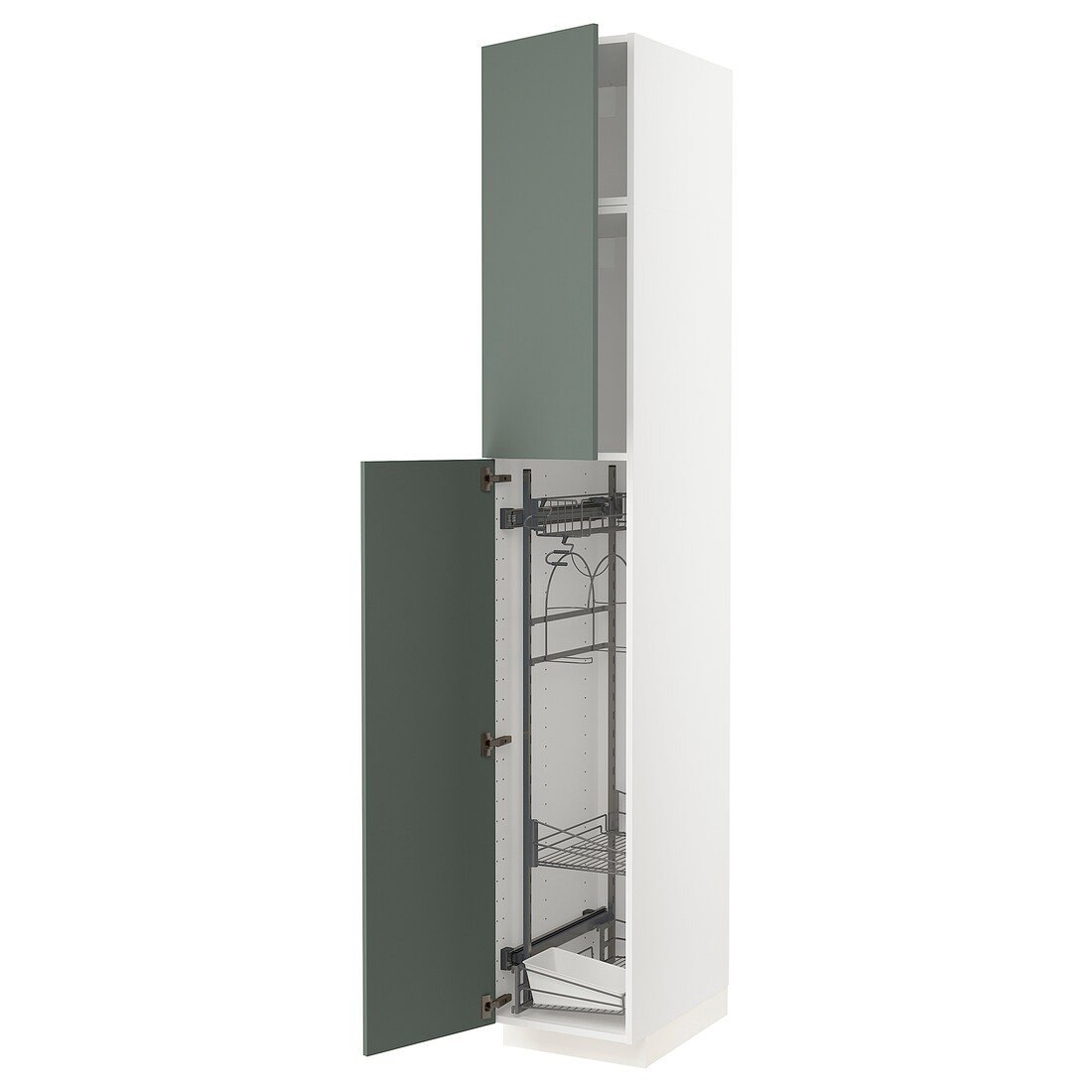 METOD МЕТОД Висока шафа з відділенням для аксесуарів для прибирання, білий / Bodarp сіро-зелений, 40x60x240 см