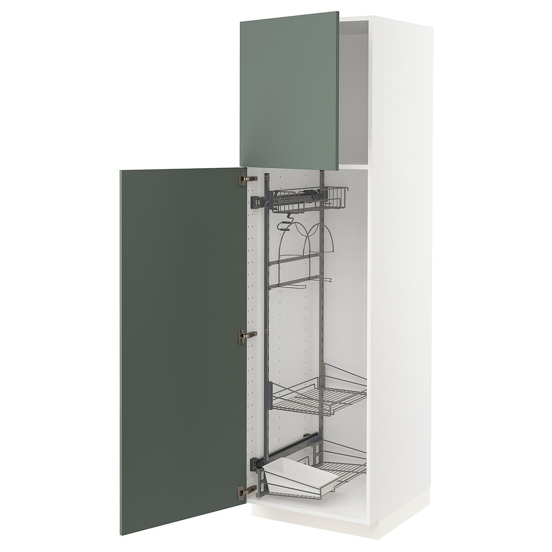 METOD МЕТОД Висока шафа з відділенням для аксесуарів для прибирання, білий / Bodarp сіро-зелений, 60x60x200 см