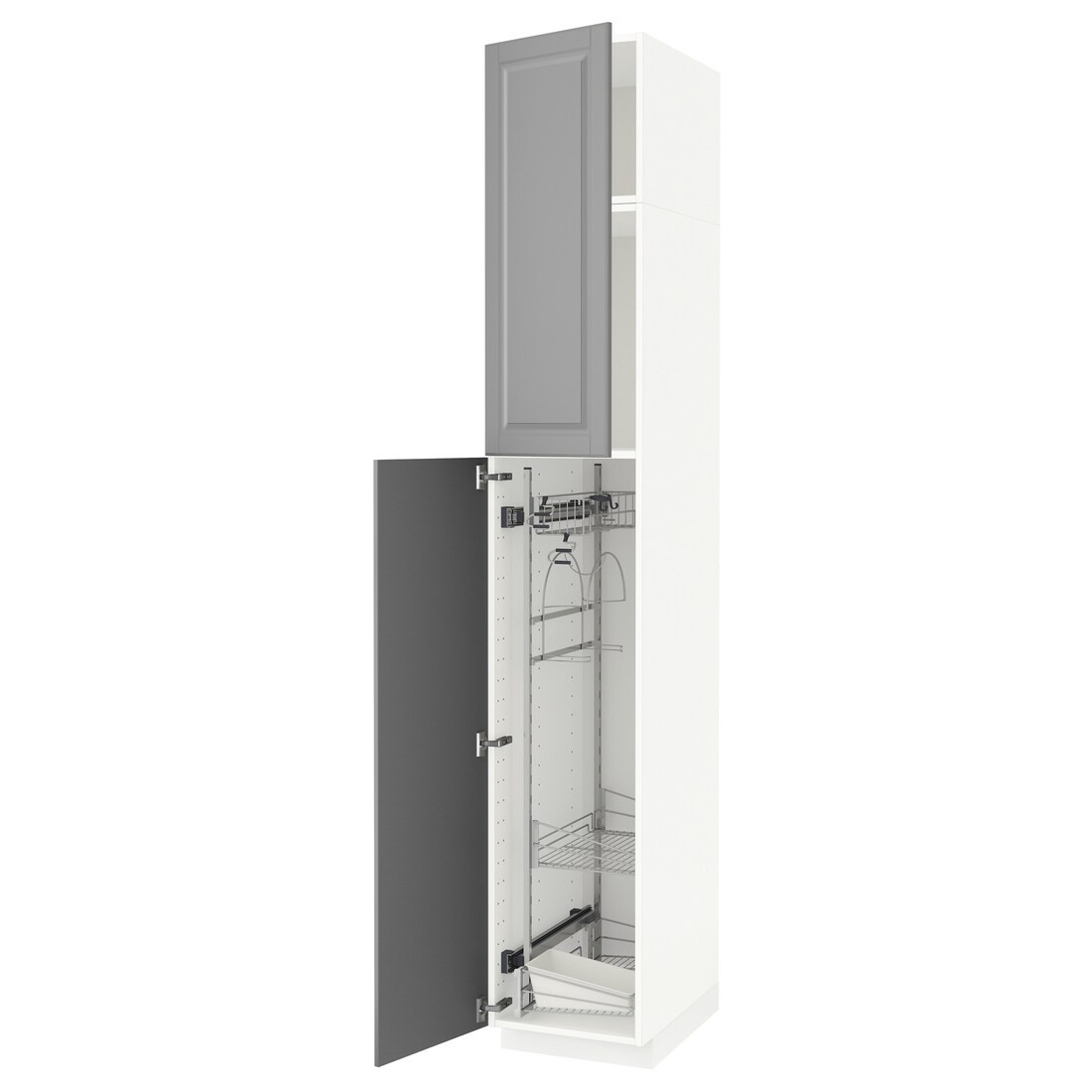 METOD МЕТОД Висока шафа з відділенням для аксесуарів для прибирання, білий / Bodbyn сірий, 40x60x240 см