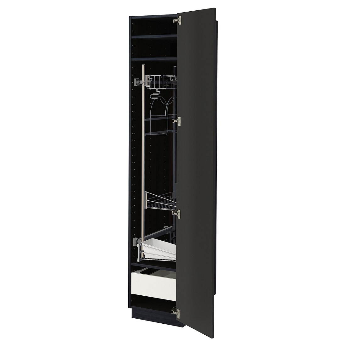 METOD МЕТОД / MAXIMERA МАКСІМЕРА Висока шафа з відділенням для аксесуарів для прибирання, чорний / Nickebo матовий антрацит, 40x60x200 см
