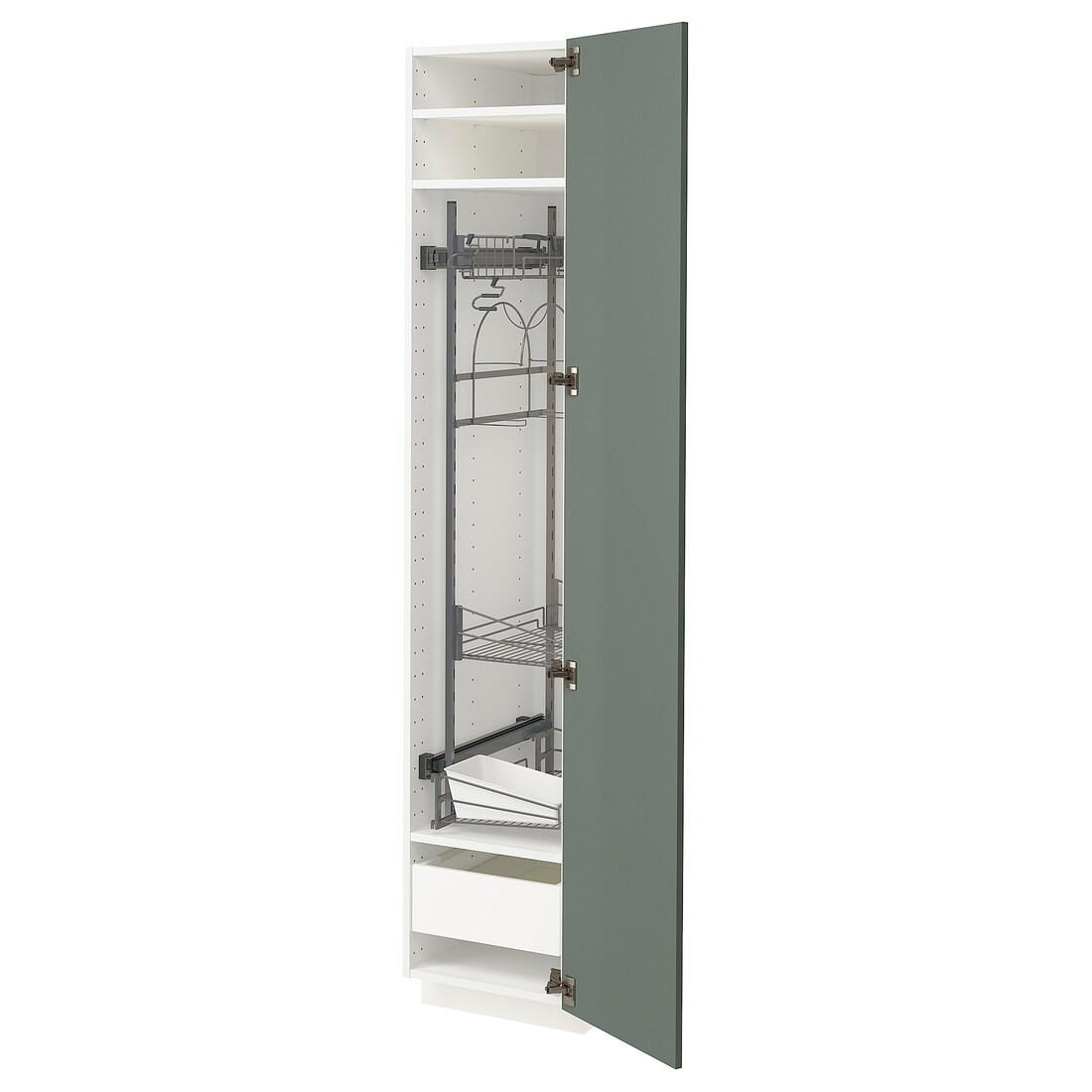 METOD МЕТОД / MAXIMERA МАКСІМЕРА Висока шафа з відділенням для аксесуарів для прибирання, білий / Bodarp сіро-зелений, 40x60x200 см