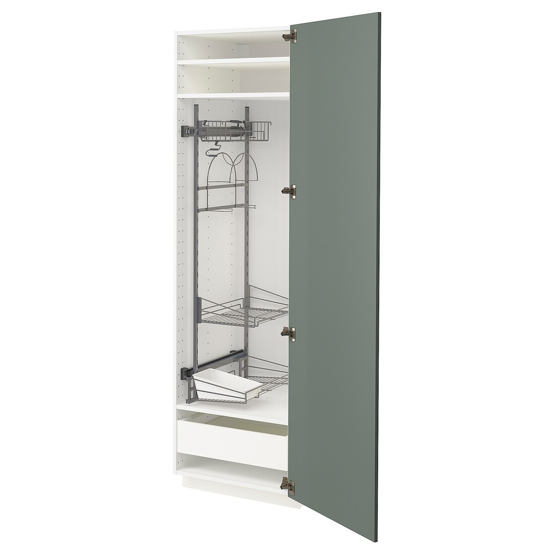 METOD МЕТОД / MAXIMERA МАКСІМЕРА Висока шафа з відділенням для аксесуарів для прибирання, білий / Bodarp сіро-зелений, 60x60x200 см