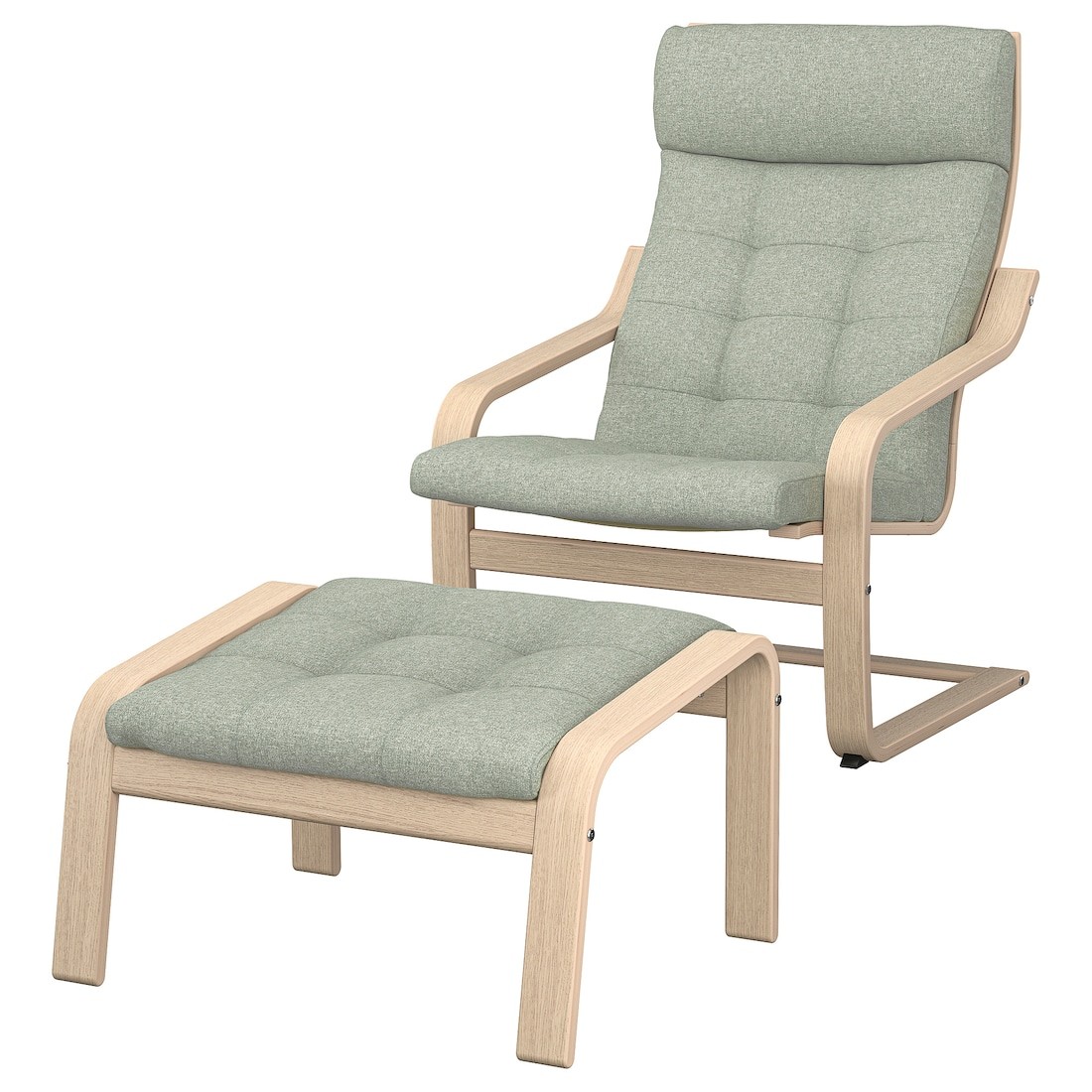 POÄNG Крісло з підставкою для ніг, Шпон дуба тонований білий / Гуннар світло-зелений