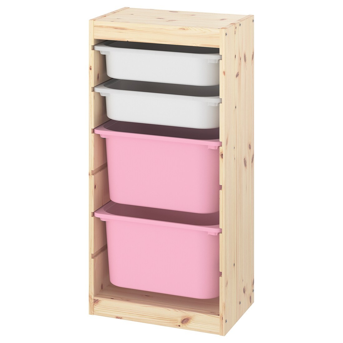 TROFAST ТРУФАСТ Комбінація для зберігання + контейнери, світла білена сосна білий / рожевий, 44x30x91 см